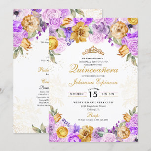 Invitación Tiara Quinceanera, Purpurina Floral de Lilac y Oro