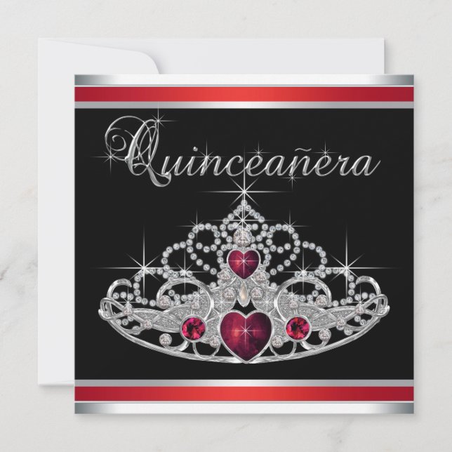Invitación Tiara Quinceañera Rojo Negro Blanco (Anverso)