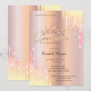 Invitación Tiara Quinceañera Rosa Dorado con Efecto Ombre Bri