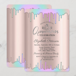 Invitación Tiara,Rainbow Drops Rose Gold Quinceañera
