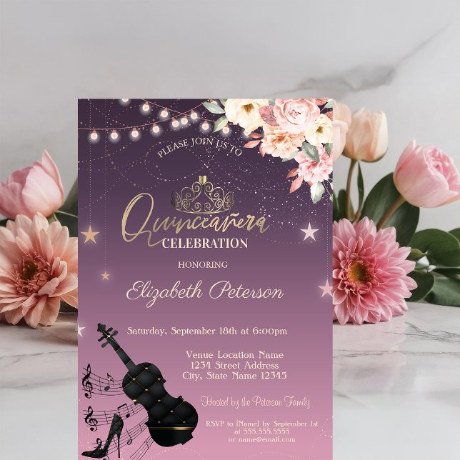 Invitación Tiara,Rayas de cuerda,Guitarra, Quinceañera floral (Subido por el creador)