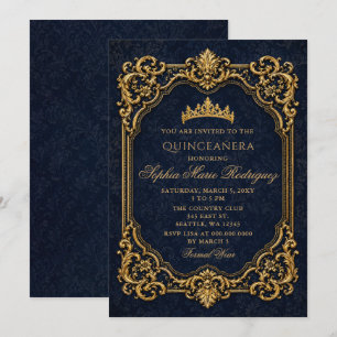 Invitación Tiara Real Princesa de Oro Azul Quinceañera