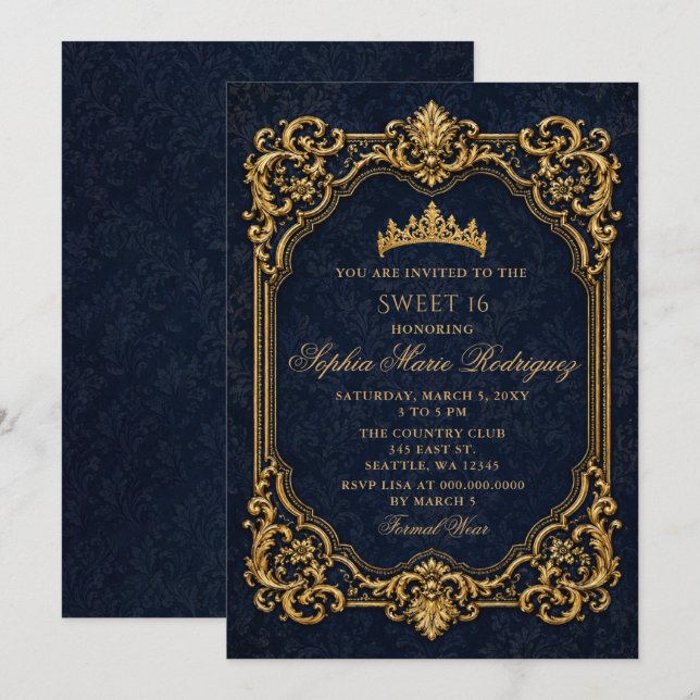 Invitación Tiara Real Princesa de Oro Naval Dulces 16 (Anverso / Reverso)