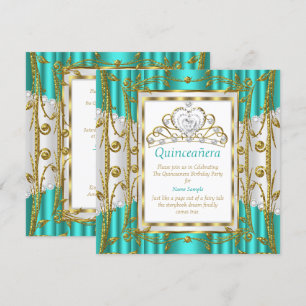 Invitación Tiara Real Quinceañera 15 Teal Jade Dorado Blanco
