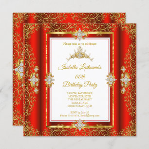 Invitación Tiara Red Damask Gold White Birday Party