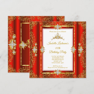 Invitación Tiara Roja Damasco Dorado Blanco Fiesta de Cumplea