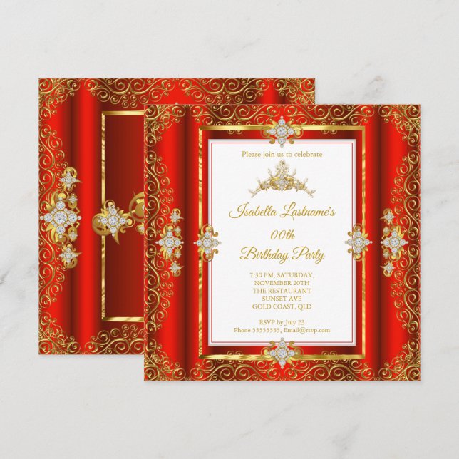 Invitación Tiara Roja Damasco Dorado Blanco Fiesta de Cumplea (Anverso / Reverso)