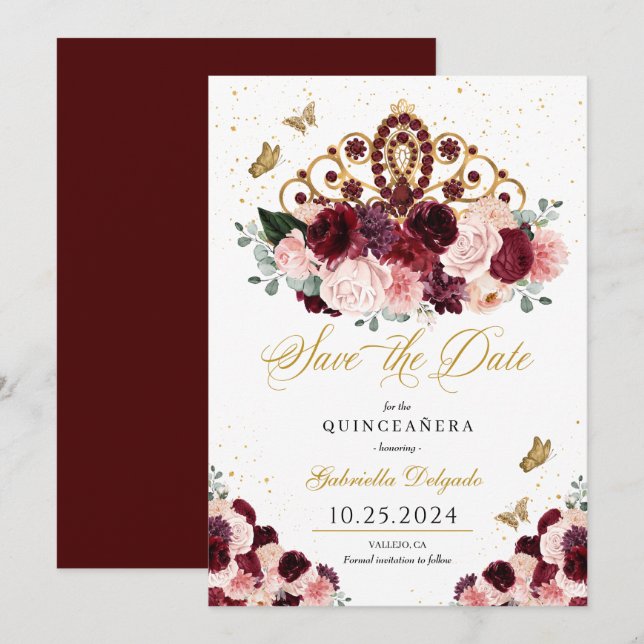 Invitación Tiara Rosa Borgoña Salva La Fecha Quinceañera (Anverso / Reverso)