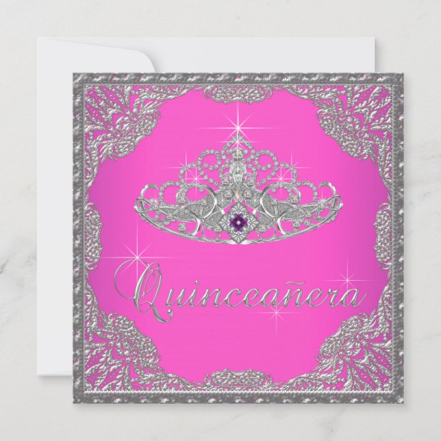 Invitación Tiara Rosa Caliente Quinceañera (Anverso)