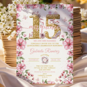 Invitación Tiara Rosa Claro y Dorado Mis Quince Quinceañera