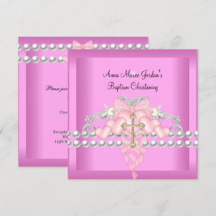Invitación Tiara Rosa de Bautismo con Perla Blanca y Diamante