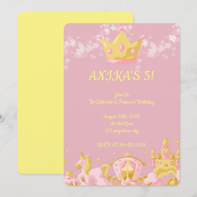 Invitación Tiara rosa de princesa (Anverso / Reverso)