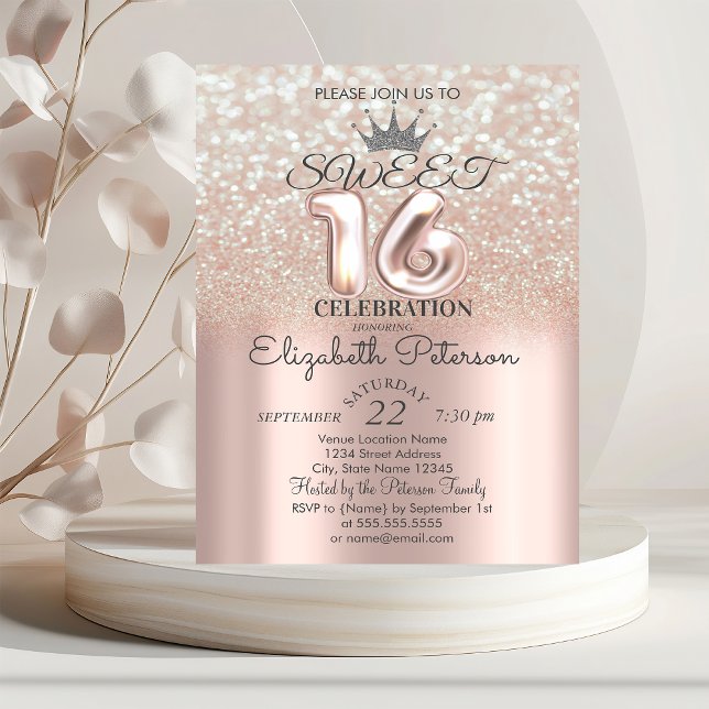 Invitación Tiara, Rosa Dorada Cumpleaños Dulces 16 Brillo Bok (Subido por el creador)
