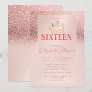 Invitación Tiara, Rosa Dorado Brillo Bokeh Ombre Dulce Fiesta
