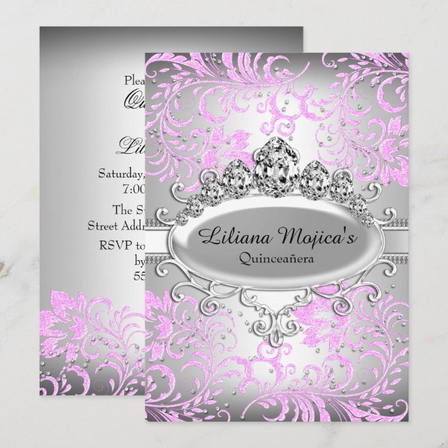 Invitación Tiara rosa plateado y floral Purpurina Quinceanera (Anverso / Reverso)