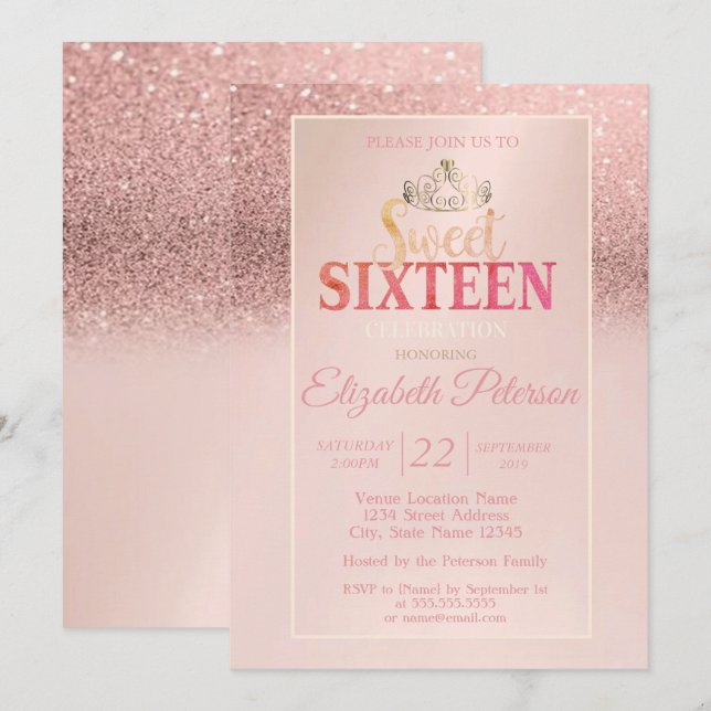 Invitación Tiara, Rosa Purpurina de oro Bokeh Ombre Sweet 16  (Anverso / Reverso)
