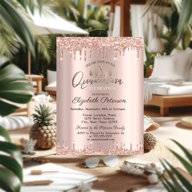 Invitación Tiara, Rosa Purpurina de oro cae Quinceañera (Subido por el creador)