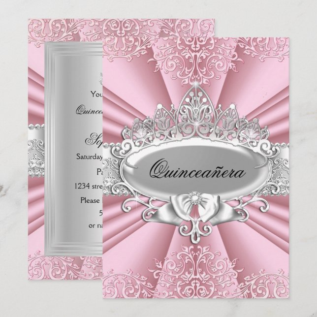 Invitación Tiara rosada/plateada y Damask Quinceanera 15º Fie (Anverso / Reverso)