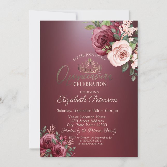 Invitación Tiara, Rosas de Borgoña Flores Quinceañera (Anverso)