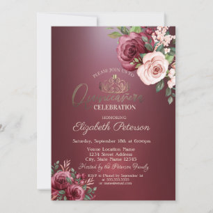 Invitación Tiara, Rosas de Borgoña Flores Quinceañera