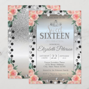 Invitación Tiara, Rosas de Purpurina Plateada Puntos Dulces 1
