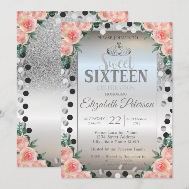 Invitación Tiara, Rosas de Purpurina plateado dan dulce a 16  (Anverso / Reverso)