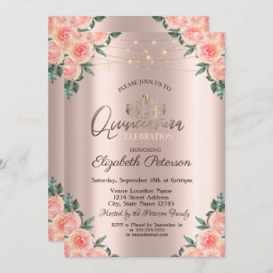 Invitación Tiara, Rosas de String Lights Quinceañera