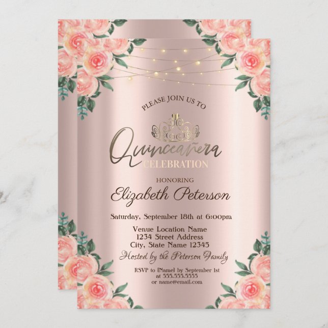 Invitación Tiara, Rosas de String Lights Quinceañera (Anverso / Reverso)