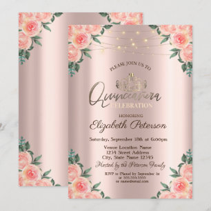 Invitación Tiara, Rosas de String Lights Quinceañera
