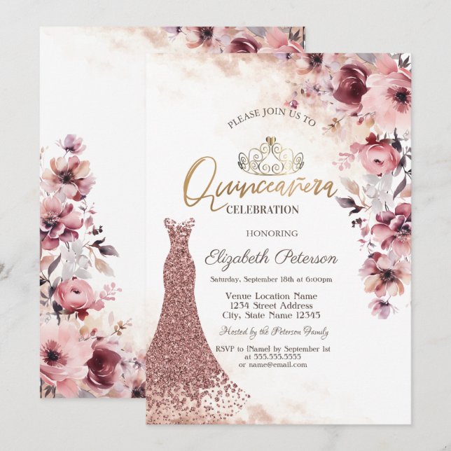 Invitación Tiara Rubor Rosa Rosa Rosada Diamantes Vestido Qui (Anverso / Reverso)