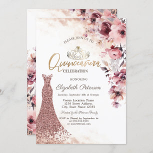 Invitación Tiara Rubor Rosa Rosa Rosada Diamantes Vestido Qui