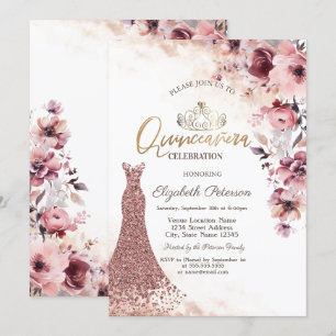 Invitación Tiara Rubor Rosas Diamantes Vestido Quinceañera