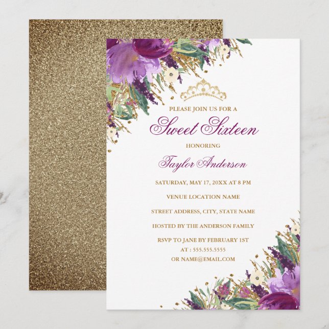 Invitación Tiara Sparkle Amethyst Morple Floral Sweet 16 (Anverso / Reverso)