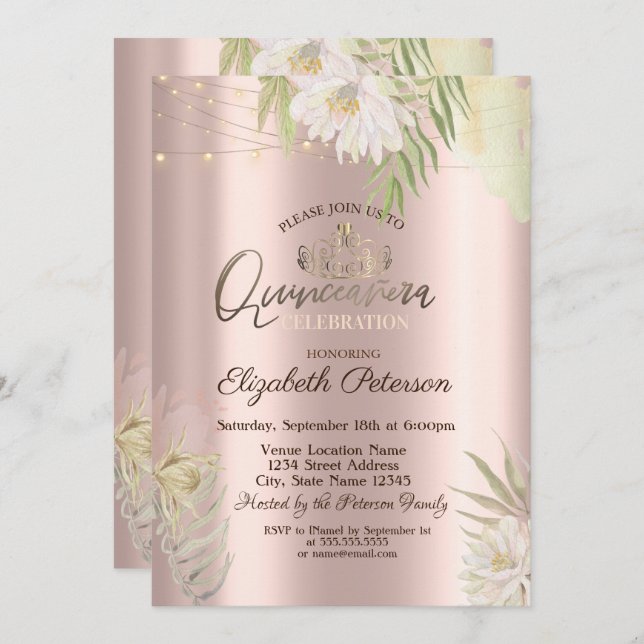 Invitación Tiara,String enciende las flores de boho Quinceañe (Anverso / Reverso)