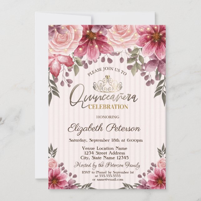 Invitación Tiara,String Luces Flores Fijadas Quinceañera (Anverso)