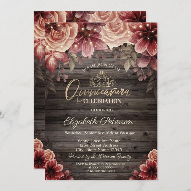 Invitación Tiara,String Luces Flores Madera Quinceañera (Anverso / Reverso)