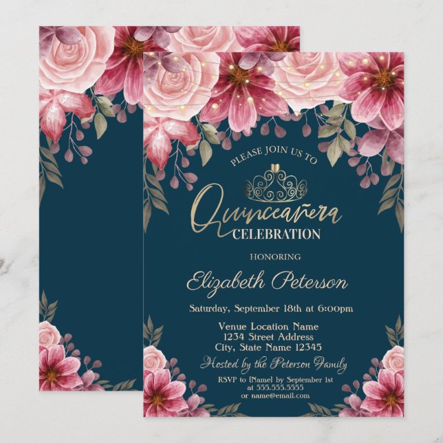Invitación Tiara, String Luces Flores Marina Azul Quinceañera (Anverso / Reverso)