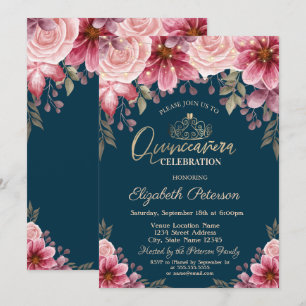 Invitación Tiara, String Luces Flores Marina Azul Quinceañera