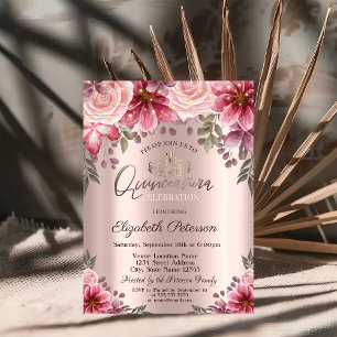 Invitación Tiara,String Luces Flores Rosa Oro Quinceañera