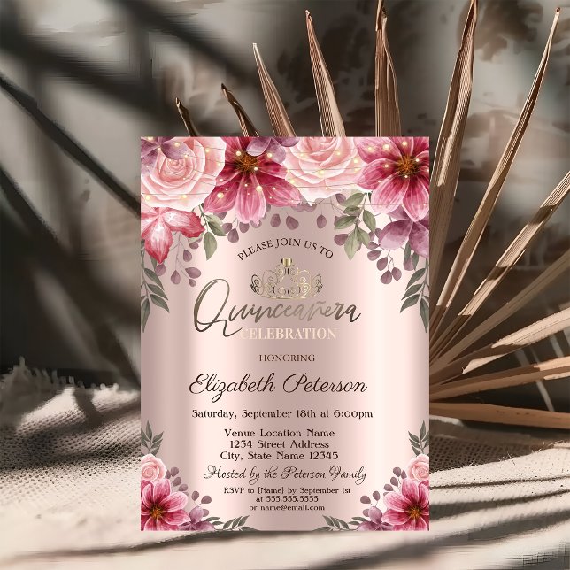 Invitación Tiara,String Luces Flores Rosa Oro Quinceañera (Subido por el creador)