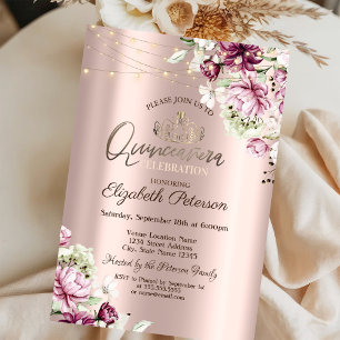 Invitación Tiara,String Luces Flores rosas Quinceañera