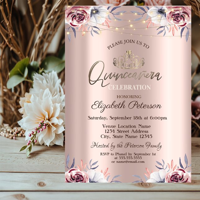 Invitación Tiara, String Luces Rosa Floral Oro Quinceañera (Subido por el creador)
