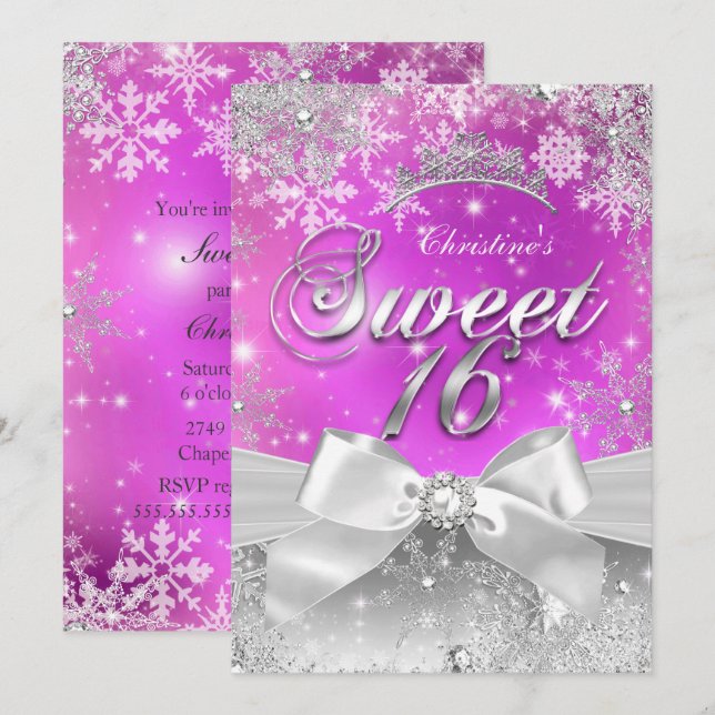 Invitación Tiara Sweet 16 Hot Pink Winter Wonderland (Anverso / Reverso)