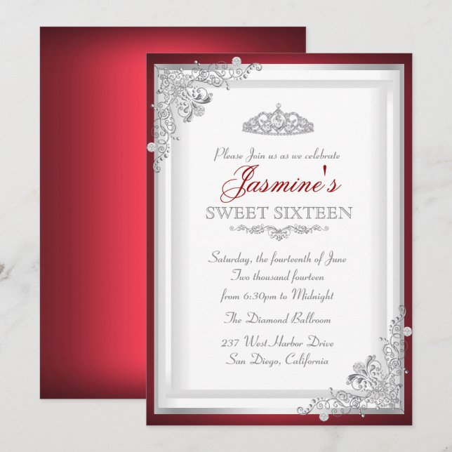 Invitación Tiara Sweet de color plateado rojo (Anverso / Reverso)