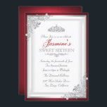 Invitación Tiara Sweet de color plateado rojo<br><div class="desc">Cumpleaños de Dulces 16. Elegante damasco y tiara diseño. Por favor tenga en cuenta que todas las imágenes planas no tienen joyas reales.</div>