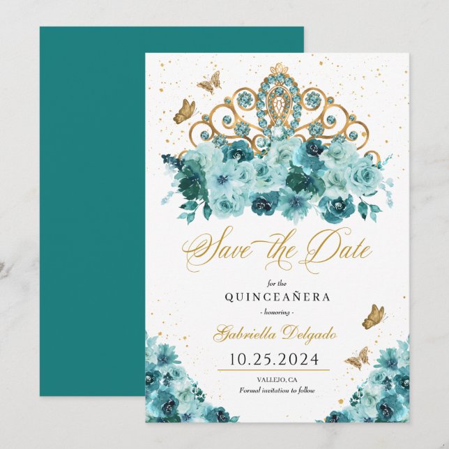 Invitación Tiara verde azulada y Gold Salven la fecha Quincea (Anverso / Reverso)