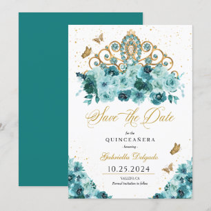 Invitación Tiara verde azulada y Gold Salven la fecha Quincea