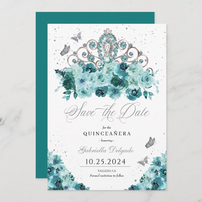 Invitación Tiara verde azulada y plateada salven la fecha Qui (Anverso / Reverso)