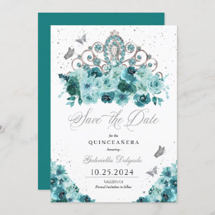 Invitación Tiara verde azulada y plateada salven la fecha Qui