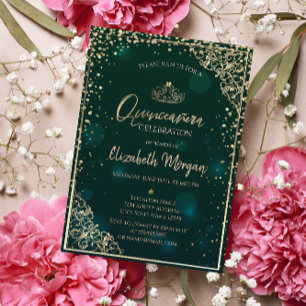 Invitación Tiara Verde Chic Dorado, Diamantes Quinceañera